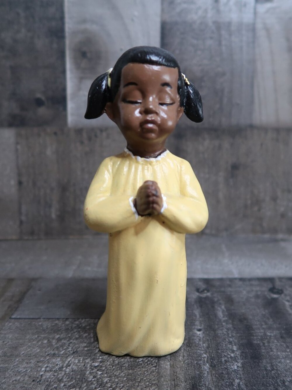 Ceramic Black African American Little Girl Praying Yellow Nightgown Handpainted